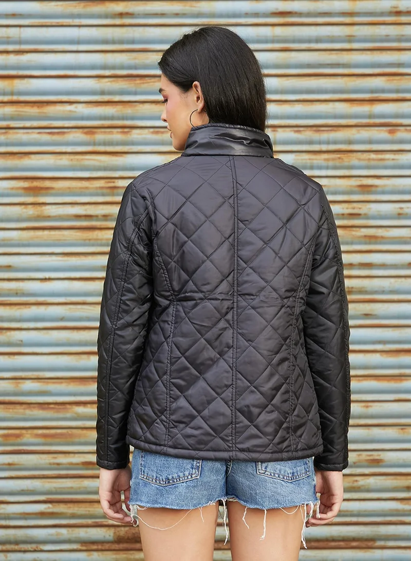 Pinacolada  Women's Onyx Black Quilted Puffer Jacket For Casual Wear | Mock Neck  | Long Sleeve | Zipper Closure | Jacket Crafted With Comfort Fit For Everyday Wear for Women | Best Price UAE